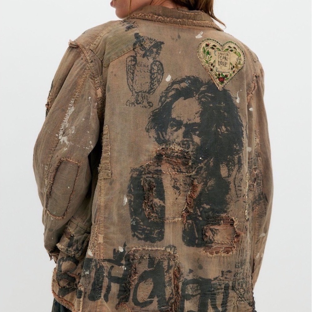 Magnolia Pearl Distressed Beethoven Jacket Yarn Dyed Cropped Patched Brown NWT